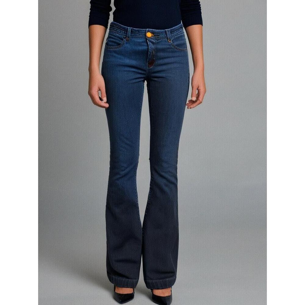 MTO International Women's Flared Bootcut Jeans Dark Blue Diamond Button Size 44